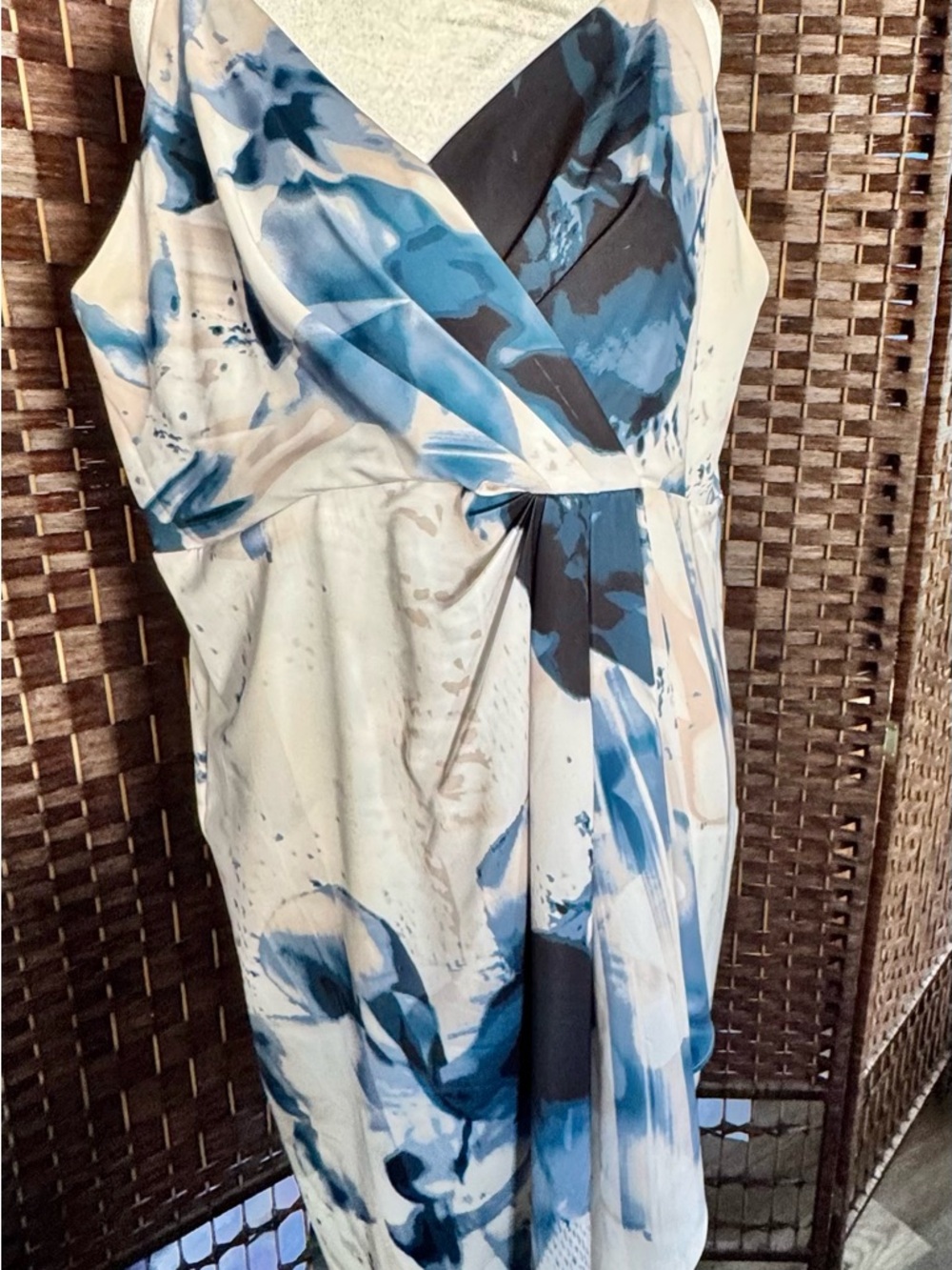 Donna Karan Blue, White & Beige One-Shoulder Wrap Dress